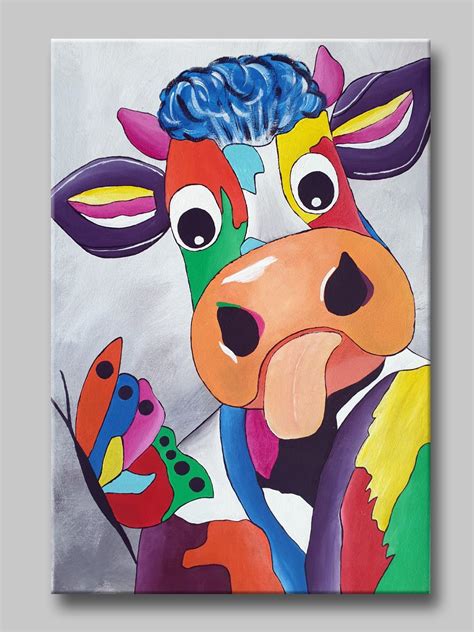 Colorful pop art acrylic on canvas painting, modern 4 pieces abstract happy cows kids home decor ...