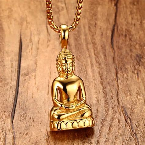 Mens Buddha Pendant Necklace Bodhisattva Amulet Talisman Necklaces in Gold color Stainless Steel ...