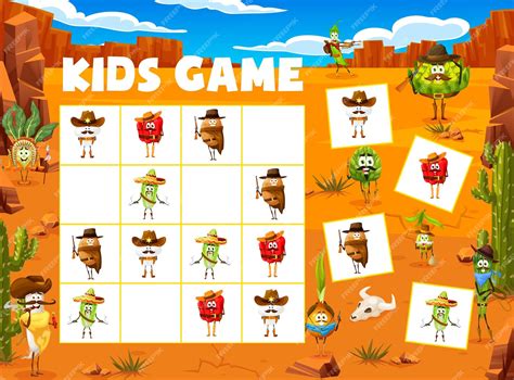 Premium Vector | Sudoku kids game cartoon cowboy sheriff and robber vegetable characters vector ...