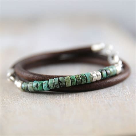 African Turquoise and Leather Bracelet for Men, Gift for Men, Silver Leather and Turquoise ...