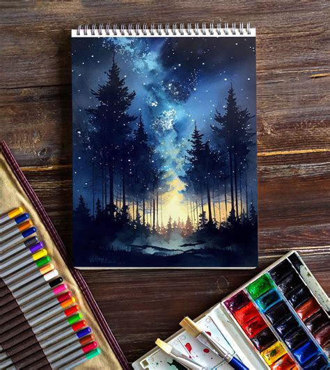 Forest Art Sky Painting Starry Night Night Print Starry - Etsy