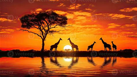 Masai Mara s typical African sunset with acacia trees and a giraffe ...