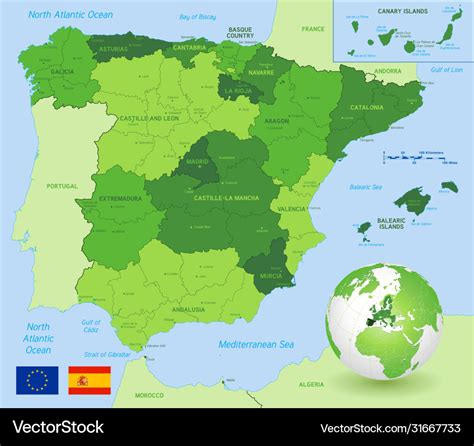 Green administrative map spain Royalty Free Vector Image