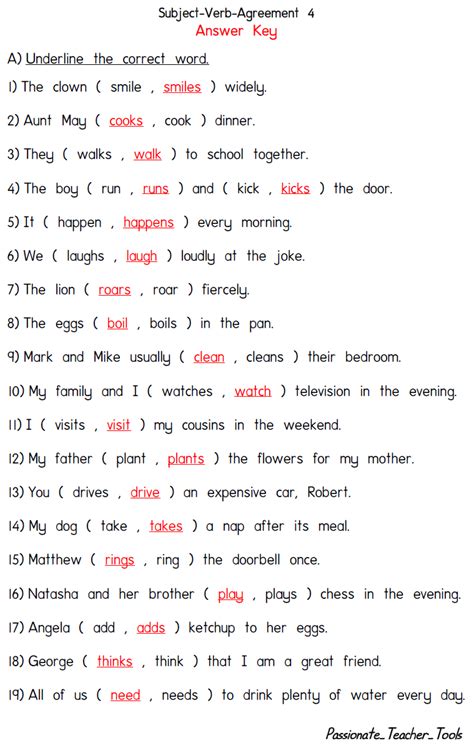 Passionate Teacher Tools: Subject Verb Agreement Quiz 4 (With Answer Keys)