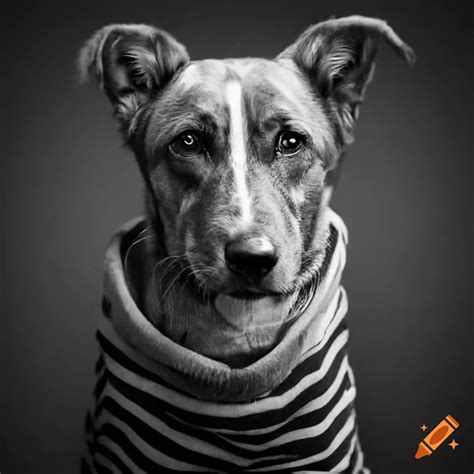 Black and white photo of dogs wearing striped shirts