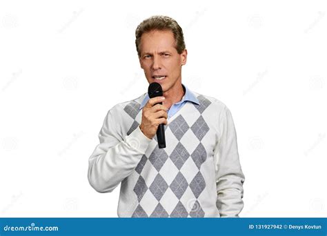 Portrait Of Man Talking Into Microphone. Stock Photo - Image of background, discussion: 131927942