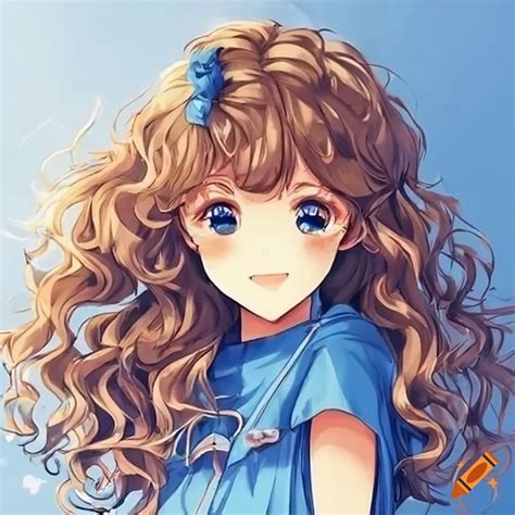 Anime girl, curly brown hair, blue themed clothes, cute, kawaii, clean ...