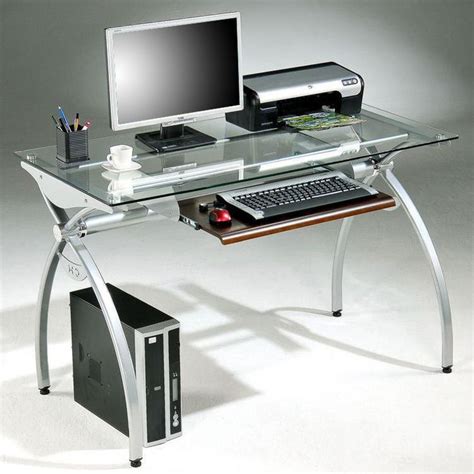 Tempered Glass-top Steel Frame Computer Desk (Glass), Silver | Glass top desk, Home office ...