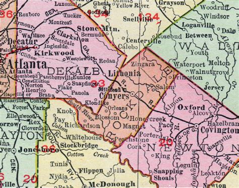 Rockdale County, Georgia, 1911, Map, Conyers, Zingara, Peachstone ...