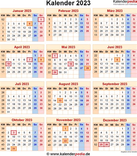 Kalender 2023 mit Excel/PDF/Word-Vorlagen, Feiertagen, Ferien, KW