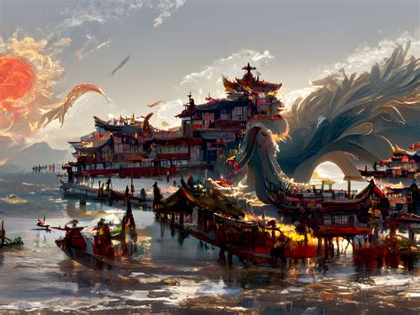 Wallpaper china's ancient town, dragon, fantasy, art desktop wallpaper, hd image, picture ...