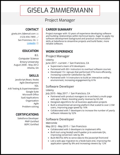 Resume Template For Manager Position