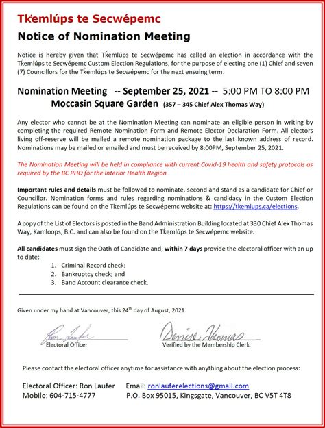 Notice of Nomination Meeting - Tk̓emlúps te Secwépemc