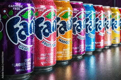 Moscow, Russia-September 6, 2018: cans of Fanta drink of different ...