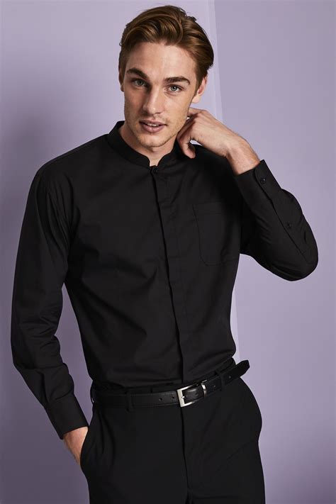 Men's Long Sleeve Mandarin Collar Shirt, Black