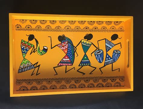 Hand Painted Warli Art on Wooden Tray Size : 12.5" X 7.75" X 1.5" Description: Rectangular Tray ...