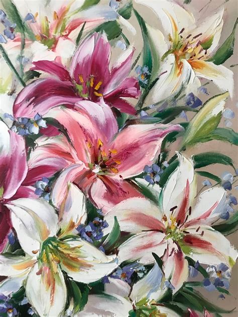 Stargazer Lily Oil Painting Original White Lilies Wall Art Floral Living Room Decor Pink Flowers ...