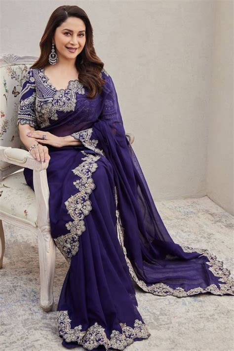 Actress Madhuri Dixit Wear Navy Blue Zari Work Saree