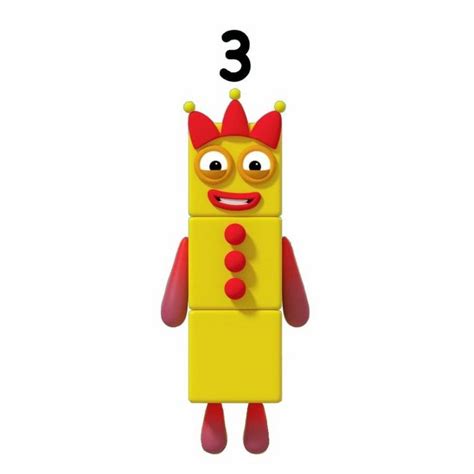 a yellow and red toy with the number 3 on it's face next to a white background