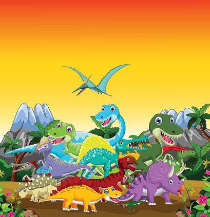 Funny Dinosaur Cartoon With Forest Landscape Background Stock Clipart ...