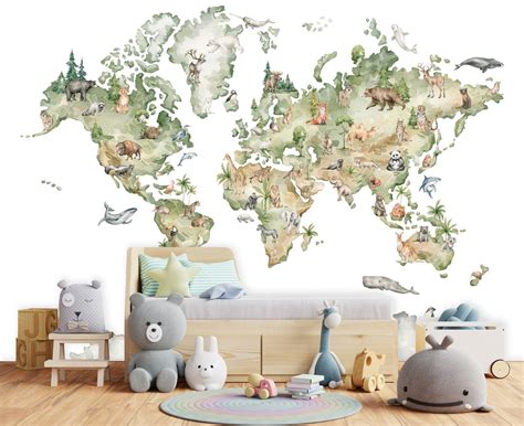 Animals World Map KIDS Wallpaper WATERCOLORS Wall Mural Cute Pastel ...