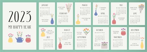 Calendar 2023 template. Monthly calendar 2023 with hand drawn flowers ...