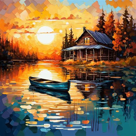 Premium Photo | Painting of a Cabin on a Lake with a Boat