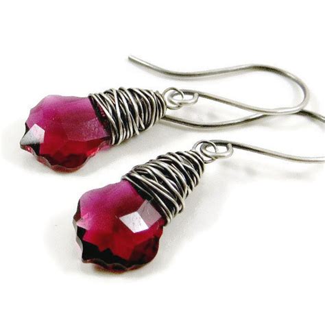 Swarovski Crystal Dangle Earrings Ruby Wrapped in Fine Silver Holiday Jewelry Gifts for Her Gift ...