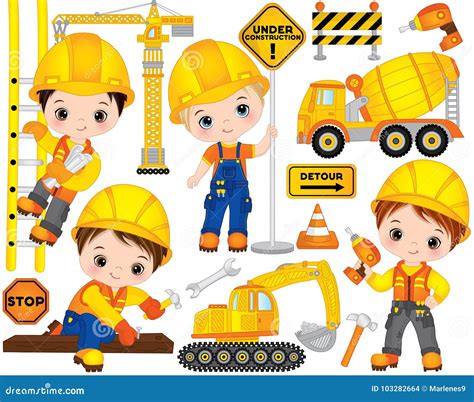 Vector Construction Set with Cute Little Builders, Transport and Tools ...