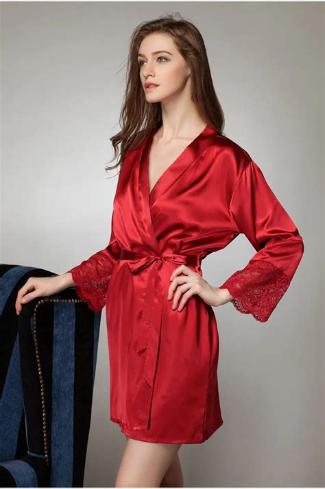 Mid sleeve sexy women nightwear robes plus size M L XL lace real silk female bathrobes free ...