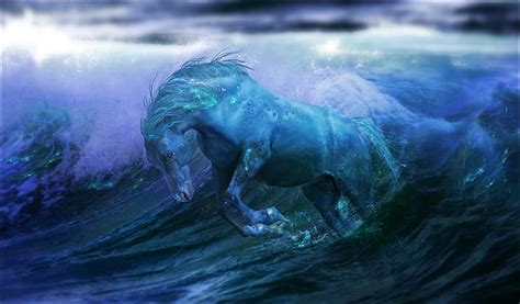 HD wallpaper: blue horse painting, wave, water, fiction, the ocean ...