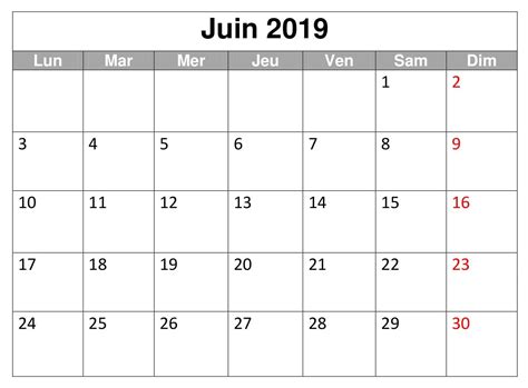 Juin Calendrier 2019 Document À Imprimer