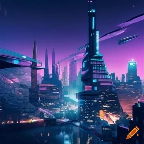 Futuristic city skyline with neon lights on Craiyon