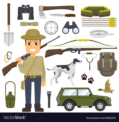 Hunting set of equipment hunter with a gun Vector Image