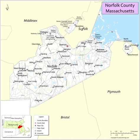 Map of Norfolk County, Massachusetts showing cities, highways & important places. Check Where is ...