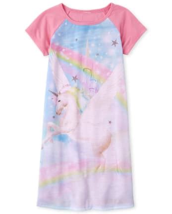 Girls Short Raglan Sleeve Rainbow Castle And Unicorn Nightgown | The Children's Place - CRUISEPINK