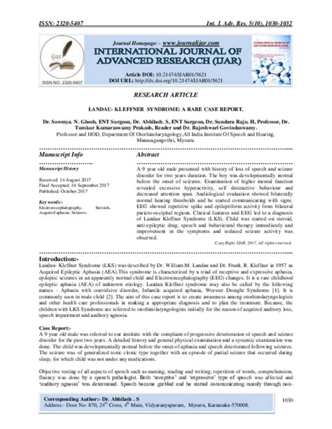 (PDF) LANDAU- KLEFFNER SYNDROME: A RARE CASE REPORT. | IJAR Indexing ...