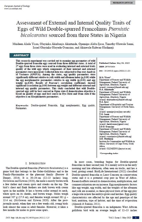 Assessment of External and Internal Quality Traits of Eggs of Wild ...