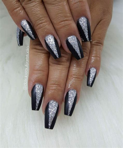 Black And Silver Coffin Acrylic Nails - Tips Color Short Acrylic Nails