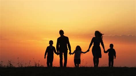 Silhouettes of Happy Family Walking Together in the Meadow During ...