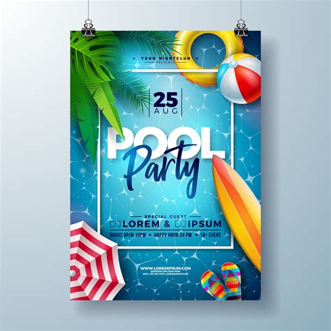 Summer pool party poster design template with palm leaves, water, beach ...