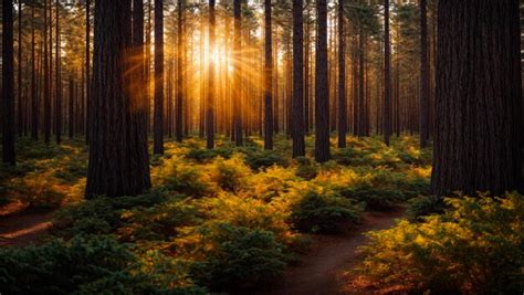 Premium Photo | A peaceful pine forest at sunrise where the warm golden rays of the sun filter ...