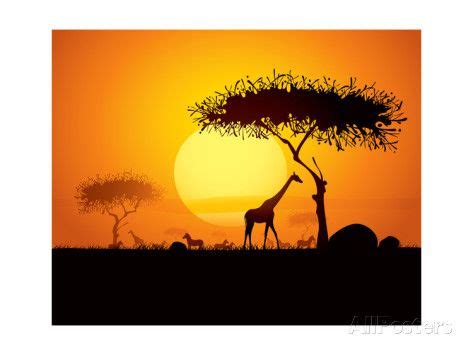 Tranquil Sunset Scene In Africa. Silhouette Animals And Trees In Africa ...