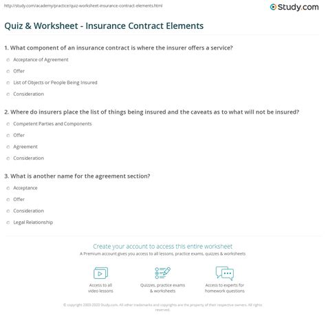 Quiz & Worksheet - Insurance Contract Elements | Study.com