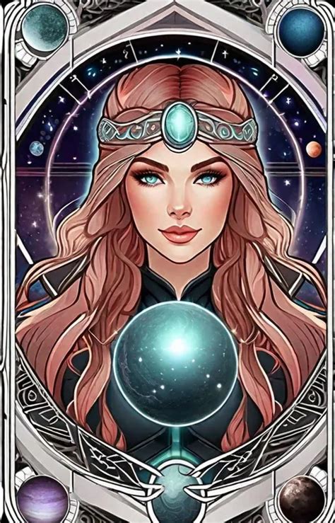 wiccan tarot card style + intricate astrology border...