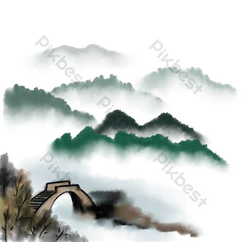 Chinese style Jiangnan scenery ink landscape decorative elements | PSD ...