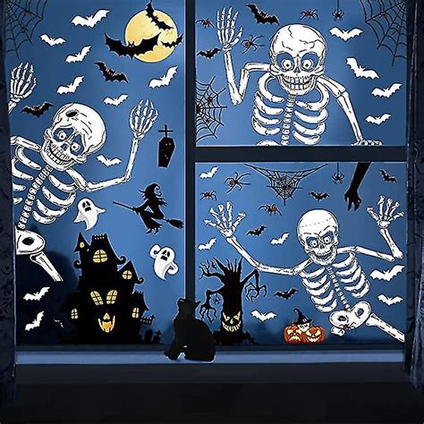 4 Sheets Halloween Window Clings Double Sided Halloween Window Decals Skeleton Spooky Decals ...