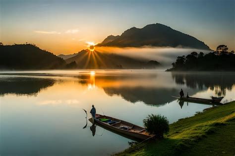 Premium Photo | A boat on the lake at sunset