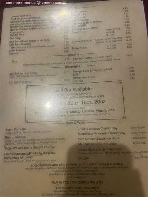 Menu at Casa Del Rey restaurant, Sierra Madre