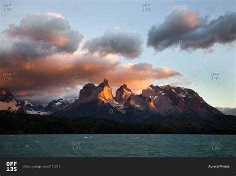 The iconic scene of Torres del Paine National Park at sunrise stock ...